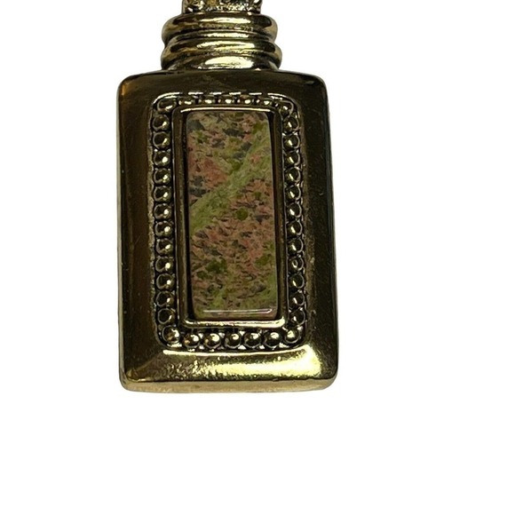 Vintage Roman Gold Tone Unakite Polished Stone Rectangle Pendant Jewelry - Picture 2 of 5